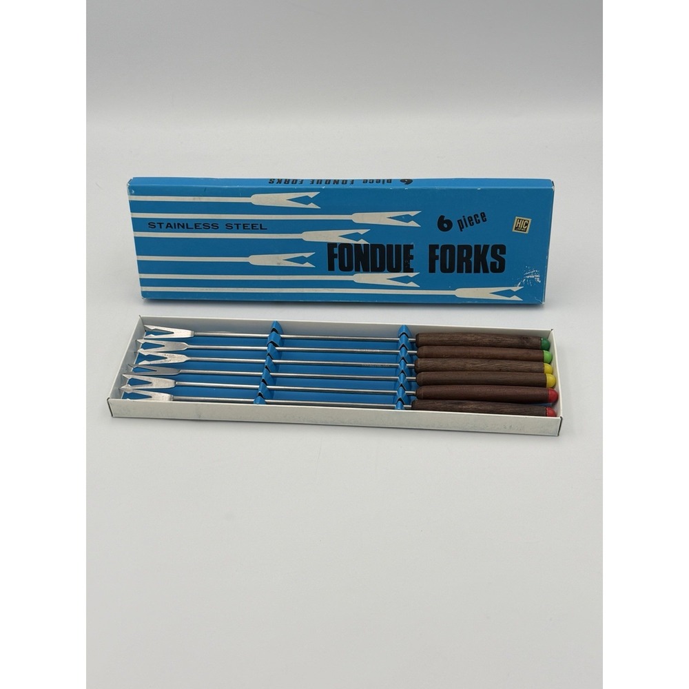 Vintage HIC Japan Fondue Forks Set 6 Wood Handles Stainless Steel MCM w/ Box